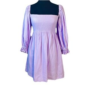 Kourt Smocked Gauze Dress Womens Small Puff Sleeve Mini Cotton Boho Purple S